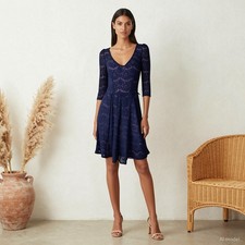 Cocktail Romantic Knee Length Dress Blue Purple Lace Sheath Sleeve Zip US 6