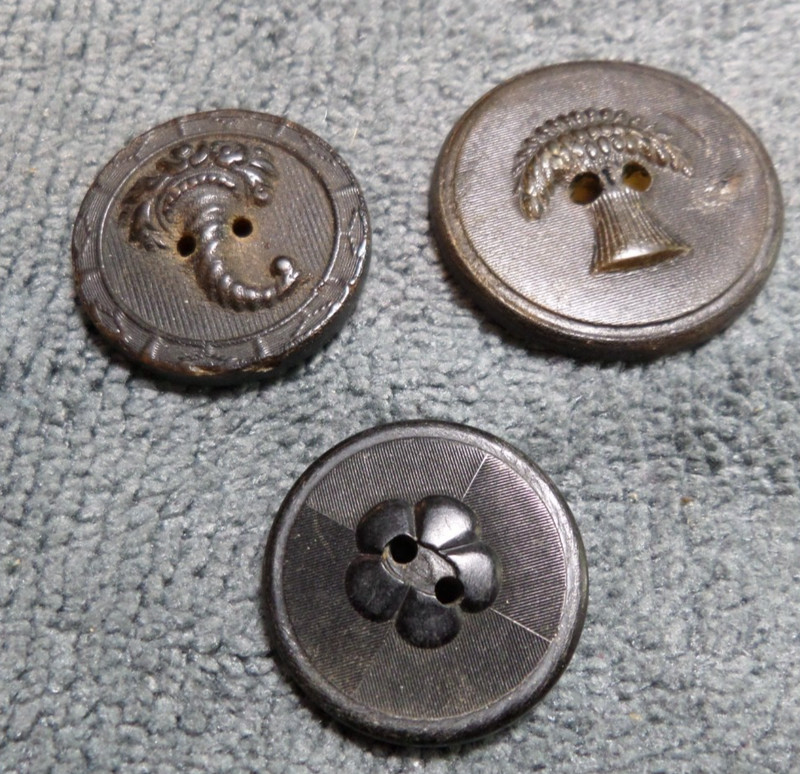 3 Antique Pressed Horn Carved Picture Buttons CORNUCOPIA WHEAT PENTAFOIL
