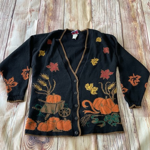 Maglione Halloween JJ Poole vintage anni 90 autunno Ringraziamento M nero cardigan zucche