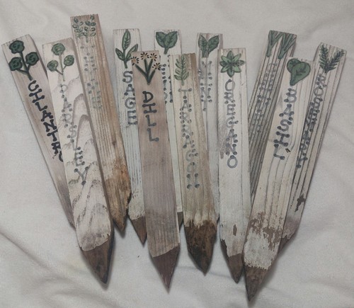 Folk Art Homemade Handpainted 1X2X10 Wood Herb Garden Stakes (12) Cottage Core