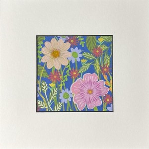 Flower Bed On Blue - Abstract - Matted ORIGINAL Acrylic Painting