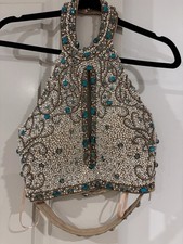 Jovani Beige Blue White Beaded Rhinestone Pearl Hi-Low Halter Dress Sleeveless 0