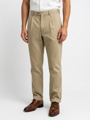 Marks Spencer Mens Chino Trousers W38 L29 Beige Pleated Smart Casual Pants