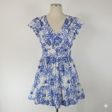 Eliza J Dress Women 6 Blue Floral Eyelet Lace Mini V Neck Flutter Sleeve Tiered