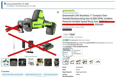 Greenworks reciprocating saw - non-working; parts only; no battery; no blades.