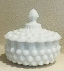 Vintage Fenton Milk Glass Hobnail Candy Trinket Dish & Spired Lid, 5.5” w X 5” h