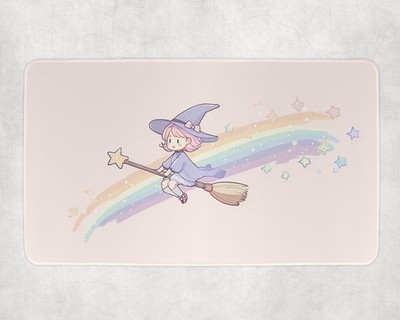 Kawaii Witch MTG Playmat - Cute Pastel Witch on Broom Rainbow Stars TCG Mat