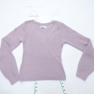 Hollister Wrap Sweater Womens XS Purple Ribbed Chunky Knit Nylon Classic V-Neck