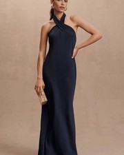 BHLDN Anthropologie Ruby Twist Halter Satin Maxi Gown Navy Blue Size 0 / XS