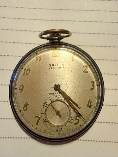 Antique Gruen Pocket Watch Veri Thin 10k Gold Filled, Runs, Adsworth Case