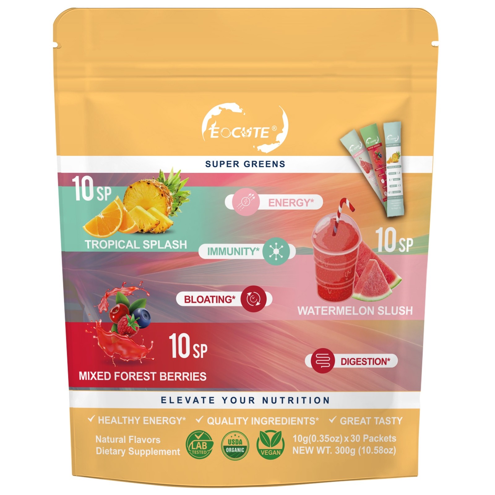 Super Greens Powder Reduce Bloat Digestive Health & More 3 flavors-30 packets US