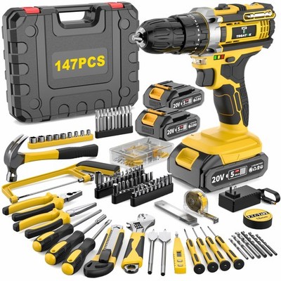147PCS 20V cordless electric drill, with 3/8-inch keyless chuck, 18+3 clutch