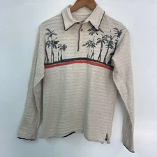 USED KAPITAL PALM TREE PRINT BEIGE LONG SLEEVE POLO SHIRT ACCEPTABLE
