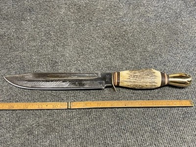 VINTAGE SOLINGEN CUTLERY B. SVOBODA HUNTING KNIFE WITH STAG HANDLE 8  BLADE