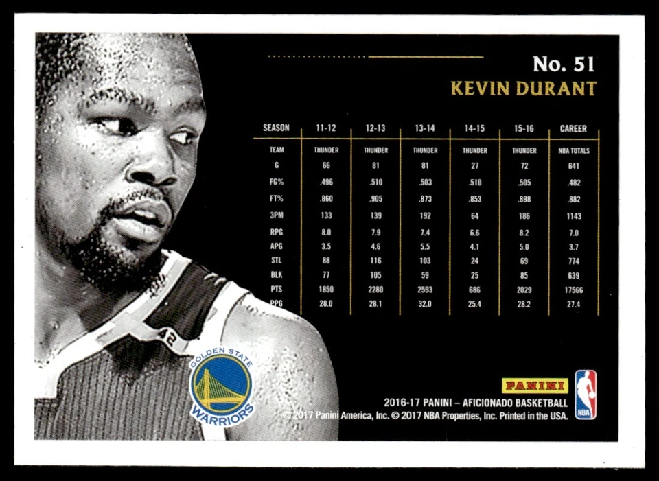 2016-17 Panini Aficionado Kevin Durant Golden State Warriors #51 - Image 2 of 2