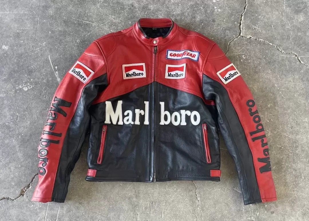 Mens Marlboro Racing Multicolor Biker Cowhide Leather Jacket