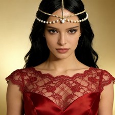 Women Rhinestone Forehead Hair Pearl Fashion Jewel Metal Show Head Chain 23021