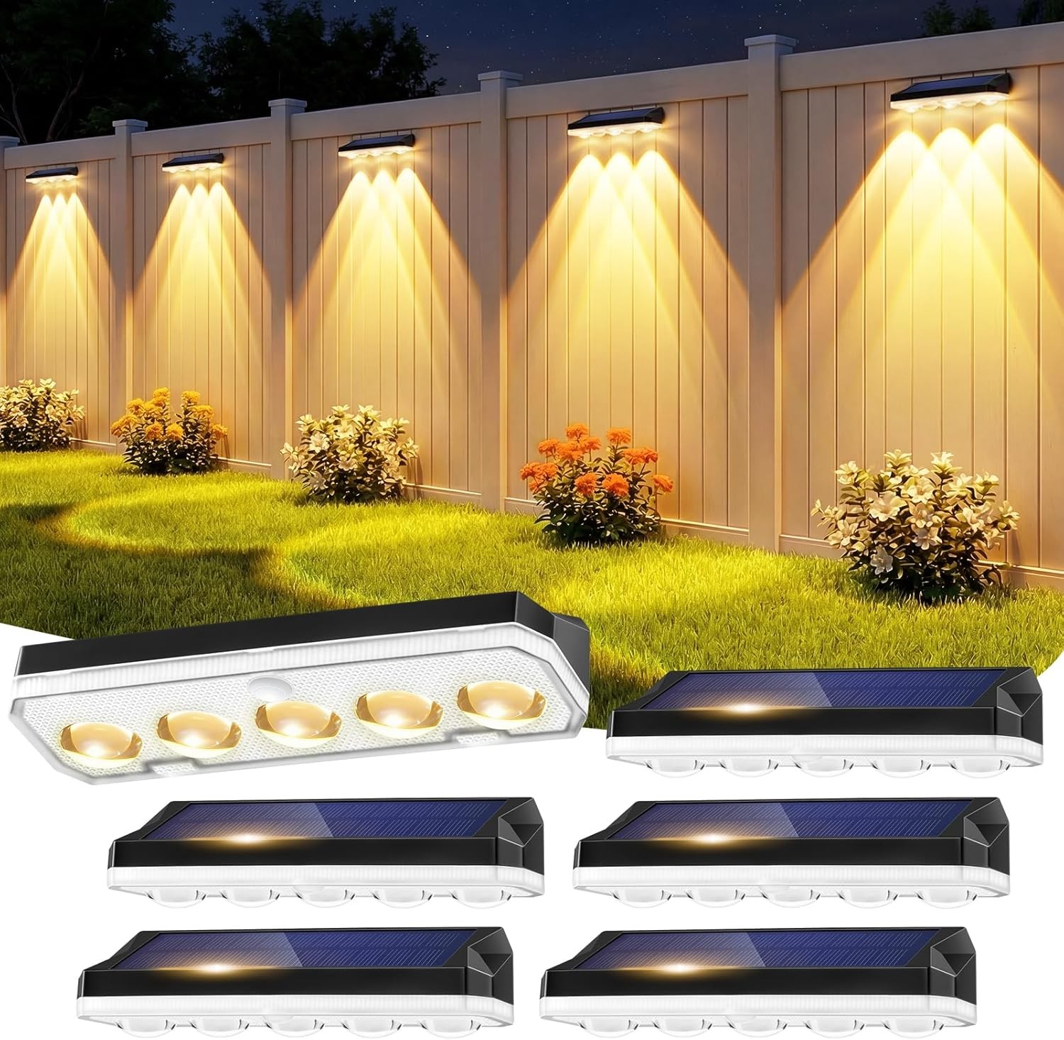 6 Pack Solar Fence Lights Outdoor, Warm White/Cool White & RGB, IP65