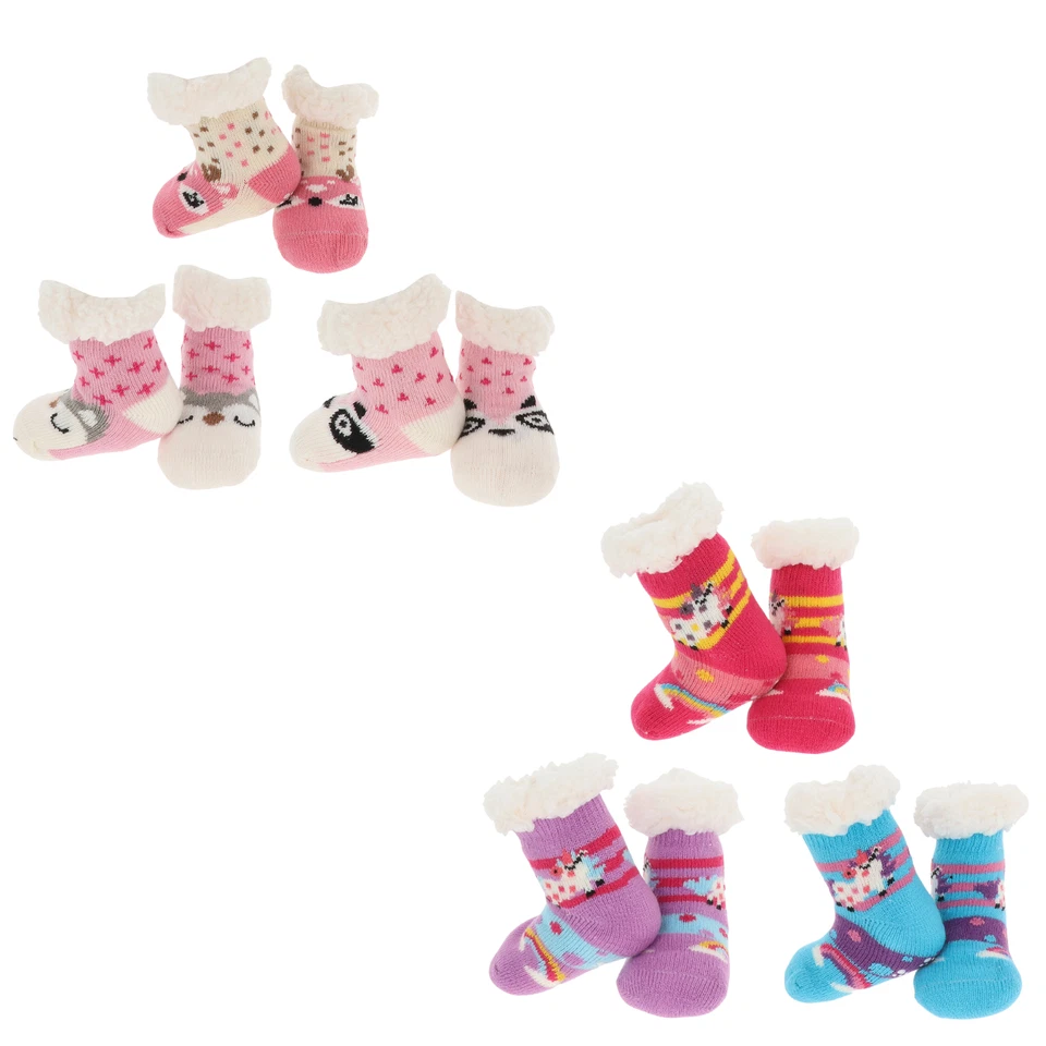 Calcetines Zapatilla Nuzzles Niñas Pequeñas, Animal y Unicornio, Vellón, Antideslizantes - Paquete de 3 Foto 2 de 4