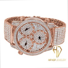 Rose Gold Tone Finish Men Watch Lab Diamonds 3 Time Zone Dial 10 Row Custom Band