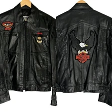 VTG Leather Motorcycle Jacket Men's 42 Black Marsee Harley Davidson Patches Pins