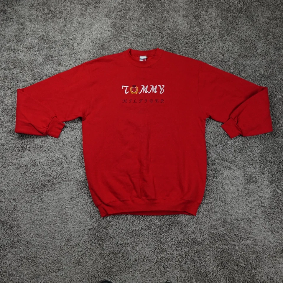 Suéter Tommy Hilfiger Para Hombre Grande EE. UU. Spellout Años 90 Rojo Cuello Redondo Bordado Foto 2 de 4