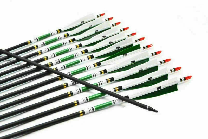 12 piezas flechas de carbono 30/32 SP500 tiro con arco pluma de pavo con puntas extraíbles/aljaba Foto 4 de 4