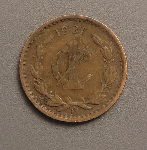 1937 Mo Mexico 1 Centavo Coin - Bronze - Mexican Golden Eagle Crest