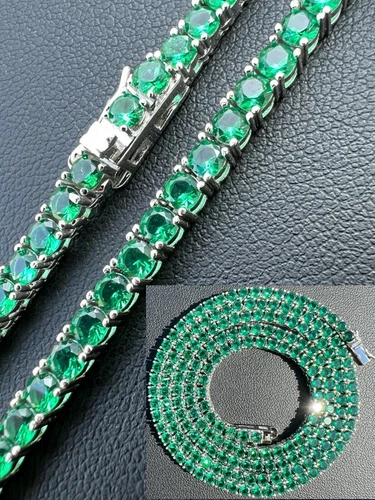 Tennis Chain Real 925 Sterling Silver Simulated Diamond Green Gemstone Necklace - product listing photo