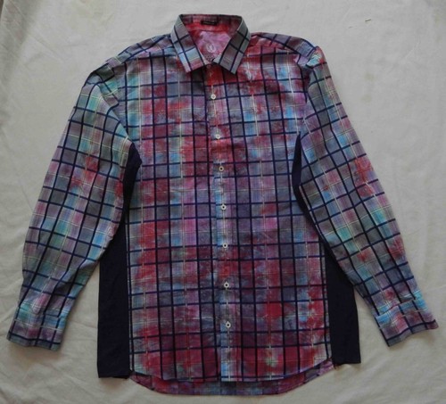 Tie Dye Purple Red Long Sleeve Plaid Button Down Shirt - Large Mens Hand Made - Picture 3 of 5