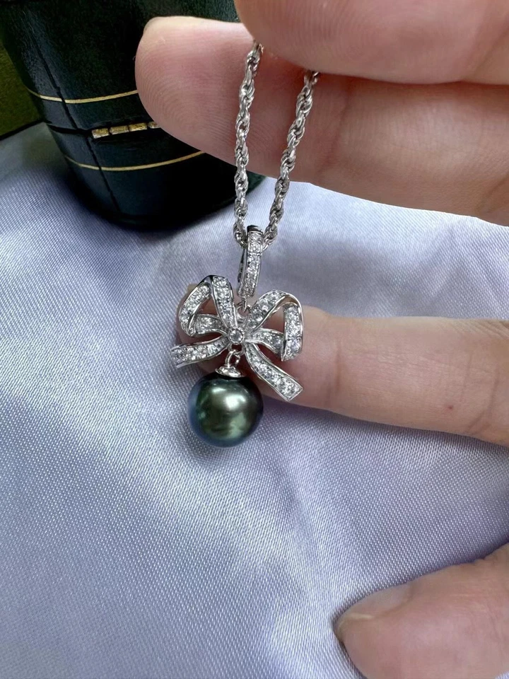 Impresionante colgante de perlas verdes negras redondas tahitianas de 10-11 mm 925s (aj) Foto 3 de 3