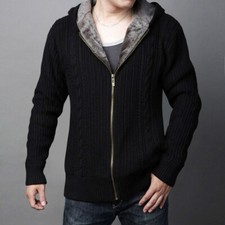 Mens Hooded Sweater Black Thick Warm Casual Knitted Cardigan Zipper Top Slim Fit