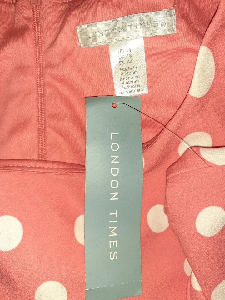 NUEVO LONDON TIMES Talla 14 Vestido Línea A Naranja Blanco Lunares Manga Casquillo Elástico Foto 4 de 4