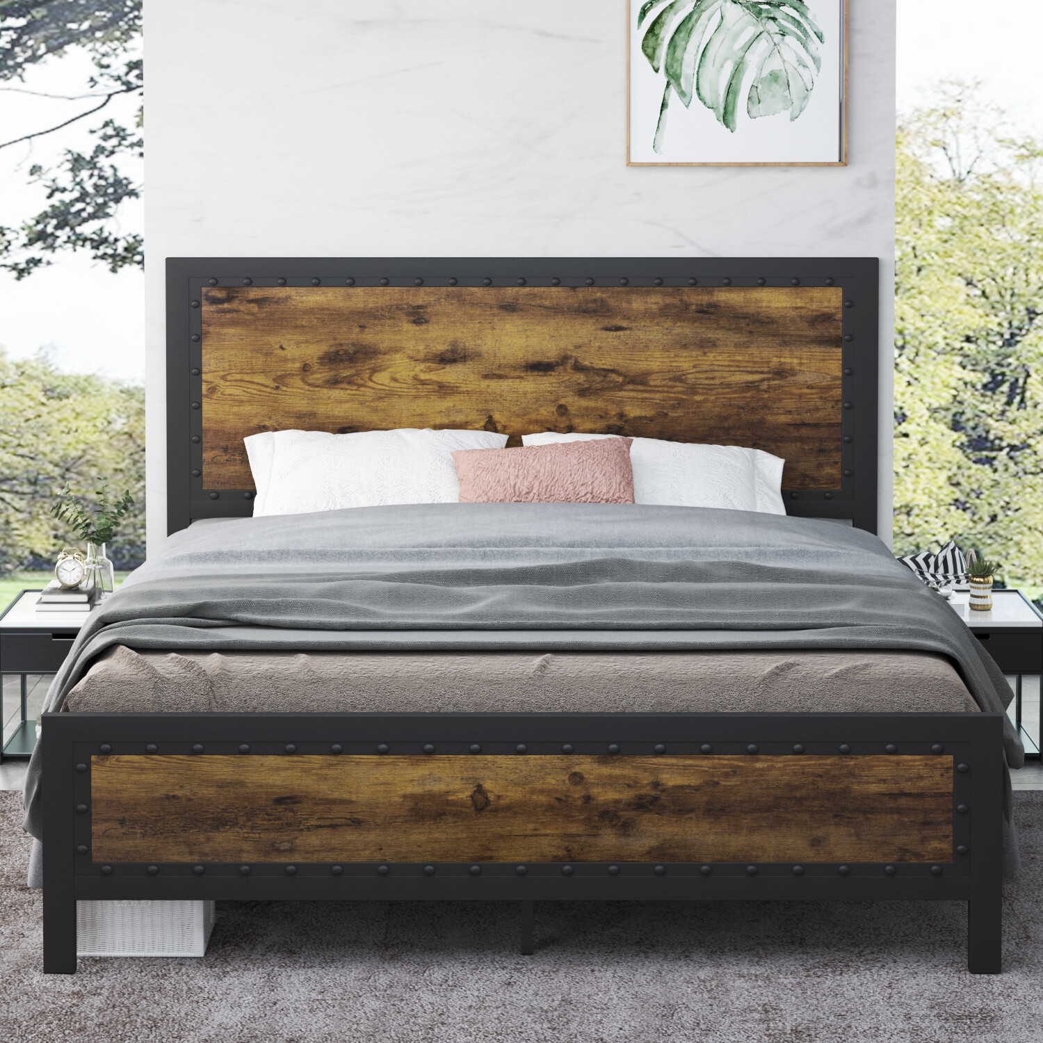Sifurni Full Bed Frame/Platform Bed with Rivet Wooden Headbo