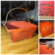 ARNOLD GRAIN COMPANY WOODEN CORN TEST BUCKET 1900s IRON HANDLE PRIMATIVE