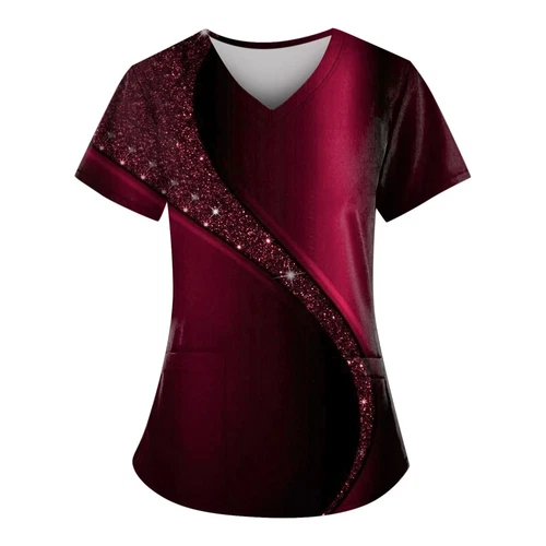Plus Size Print Working Uniform Tops Women V-Neck Short Sleeve Workwear Pockets - Picture 49 of 69