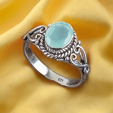925 Sterling Silver Jewelry Aqua Chalcedony March Birthstone Ring All Size DS