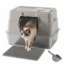 Extra Large Stainless Steel Cat Litter Box Enclosed Cat Litter Pan  Scoop  Mat