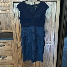 ADRIANNA PAPELL Navy Blue Tiered Contrast Cocktail Dress Mother of Bride Size 10