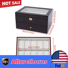 20 Slot Wood Watch Box Display Case Glass Top Jewelry Storage Organizer Box&Lock