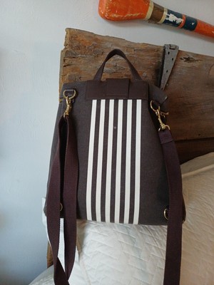 Henri Bendel Brown White Striped Canvas Backpack Gold  display picture 2