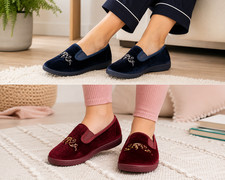 LADIES WOMENS FLAT WARM TWIN GUSSET MOCCASIN INDOOR COMFY SOFT SLIPPERS WIDE FIT