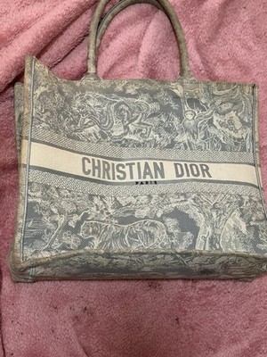Dior Book Tote Bag Gray Toile De Jouy Pattern Logo Accents Open Top