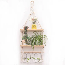 Wall Hanging Shelves Macrame Boho Floating Plant Photos Storage Rack Wood She...