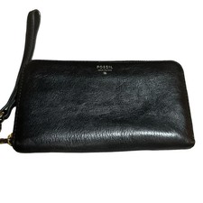 Fossil Black Leather Wristlet Clutch Wallet Zip Pouch Organizer