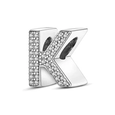 Letter K Sparkling Alphabet Charm Fit Pandor Bracelet Necklace, 925 Sliver