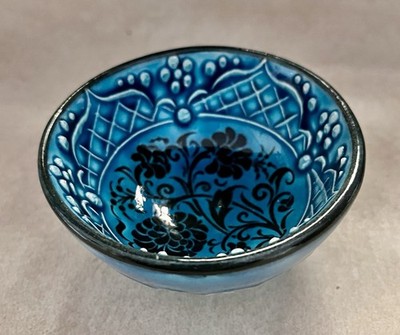Hand Made Pottery Trinket Dish Turquoise Black 3.25  Diameter 1.5  High Glossy
