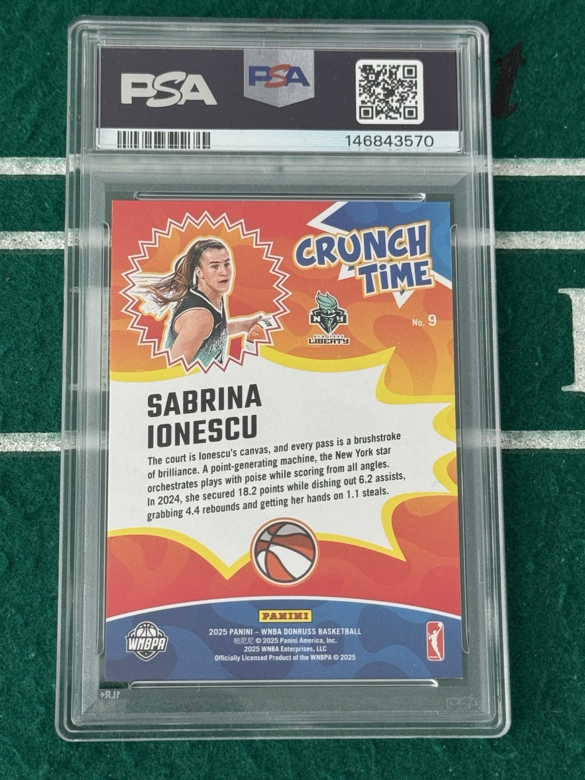 2025 Donruss WNBA Crunch Time Sabrina Ionescu #9 Green Fireworks /399 PSA 9 view 2