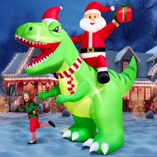8FT Christmas Inflatable Santa Riding Giant Dinosaur with Scarf & Candy Cane ...