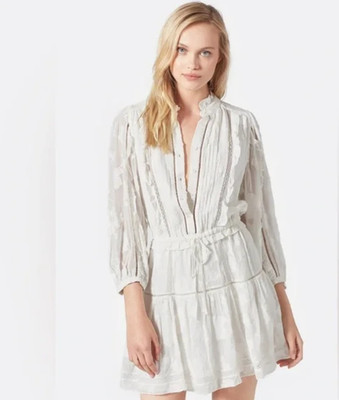 $378 Joie WhiteAdel B LaceRuffleLongSleeveSmockedSheerMinidressCocktailParty SzM